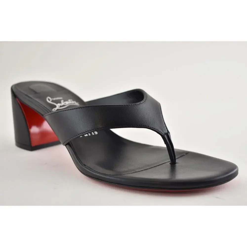 Christian Louboutin Janetonga 55 Black Leather Mule Thong Block Heel Sandal 37